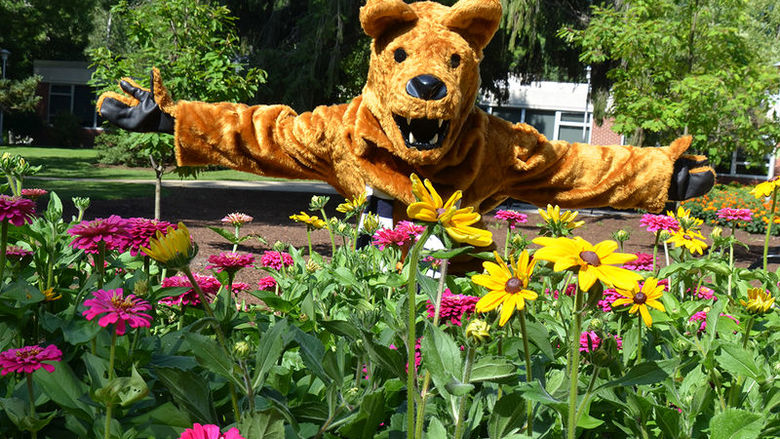 Nittany Lion welcoming you to campus behind a bed of flowers