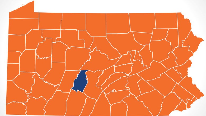 A map of Pennsylvania with Blair County highlighted in blue