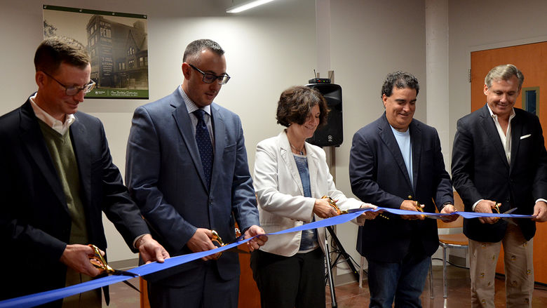 (L-R) Stephen McKnight, ABCD Corp president/CEO, Matt Pacifico, Altoona mayor, Lori J. Bechtel-Wherry, Penn State Altoona chancellor and dean, Michael Fiore, Leonard S. Fiore Inc president/CEO, and John Radionoff, Discover Development LLC partner, cut the ribbon during the Penn Building's formal dedication.