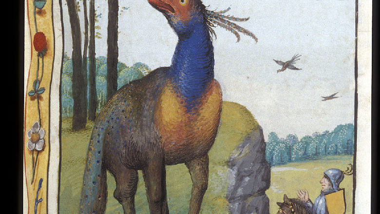 A knight on horseback meeting a beast of many colors.