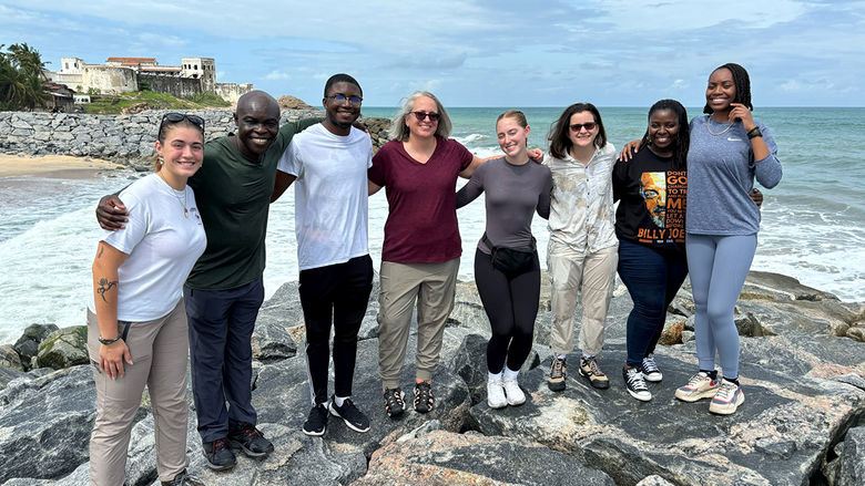 Lou Bellinghausen, Arizona State University; Kofi Adu, Penn State Altoona; Malek Stafford, Troy University; Lara LaDage, Penn State Altoona; Eva Gates, Penn State Altoona; Lilly Blanchard, Louisiana Tech; Rachel Desulme, Penn State Altoona, in Cape Coast.