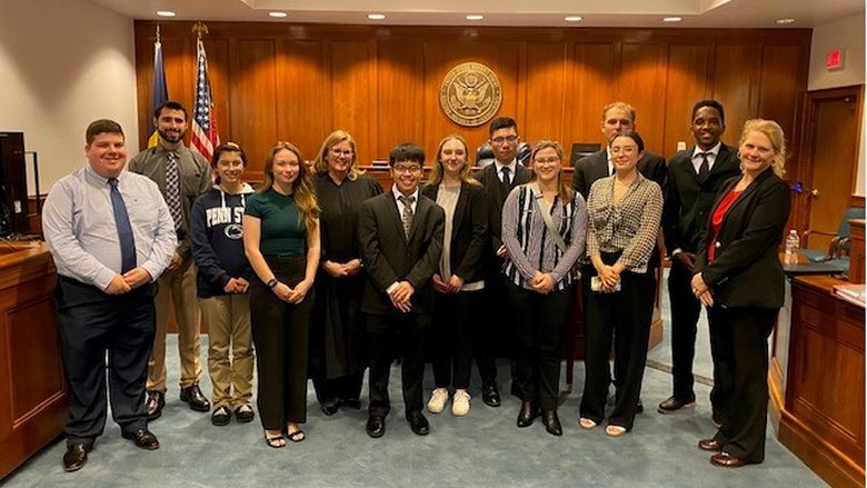 Penn State Altoona Students with Judge Haines and Officer Miller at the Federal Courthouse in Johnstown.