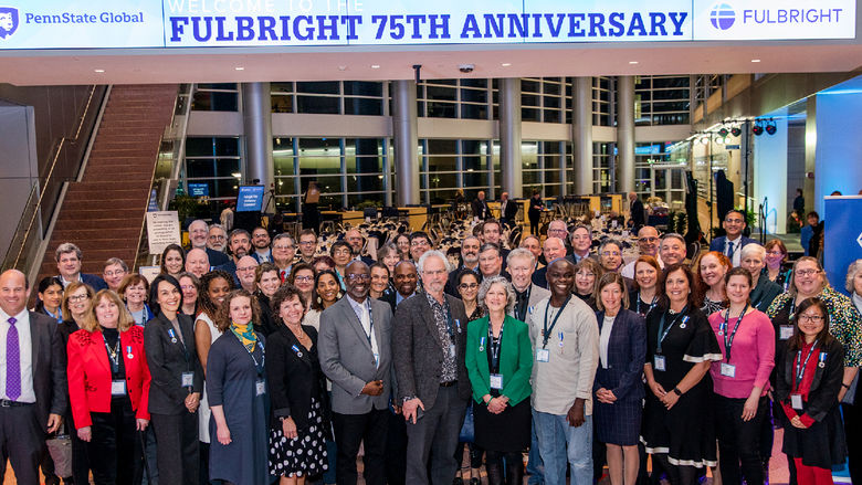 Penn State Altoona Fulbright scholars pose for a photo at a celebration of the program's 75th anniversary