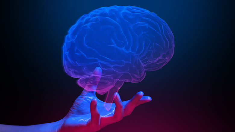 A hand with a human brain floating above it