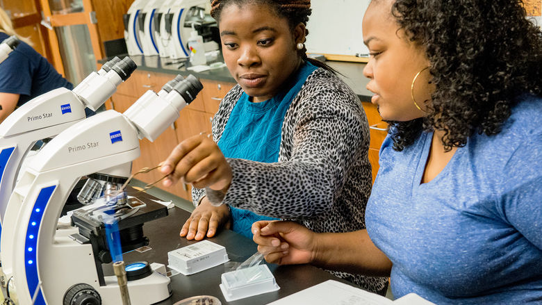 Two students using a microscope