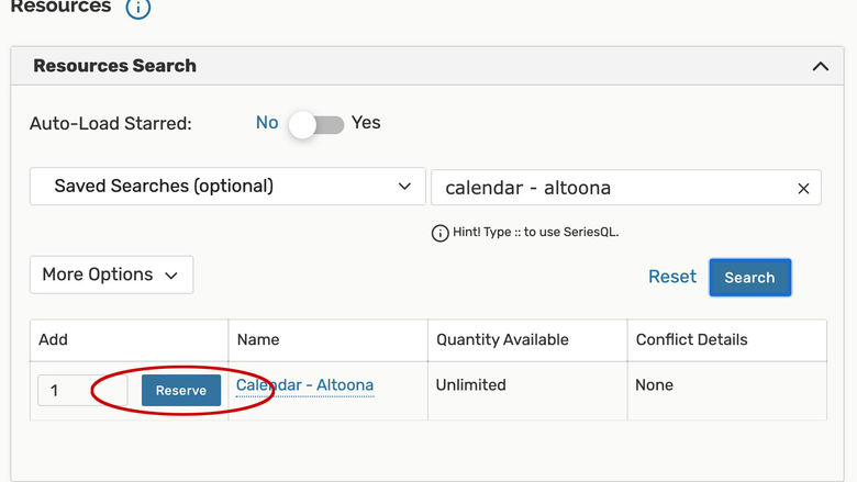 Screen capture of the 25Live event reservation system