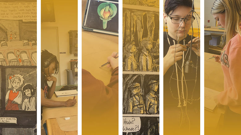 A collage of artwork and students working on art at Penn State Altoona