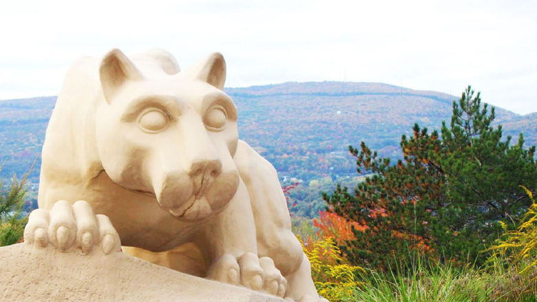 penn state scranton's lion shrine with mountain view in the background
