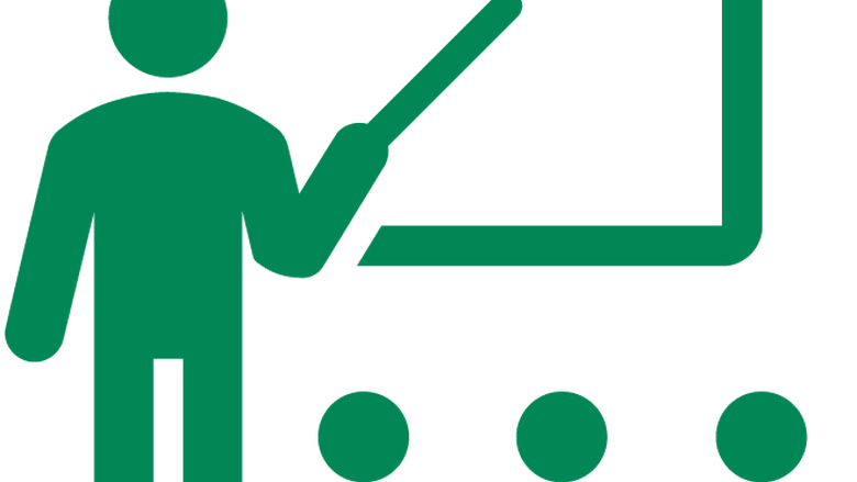 an icon representing a teacher in front of a blackboard with students observing