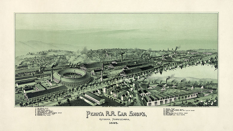 Thaddeus Mortimer Fowler and James B. Moyer's lithograph showing the town of Altoona in 1895, a town created to serve the Pennsylvania Railroad