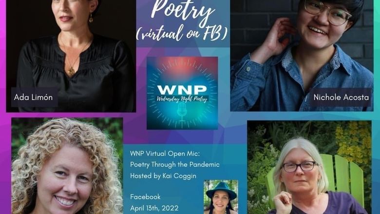A digital ad for Wednesday Night Poetry, featuring poets poets Erin Murphy, Ada Limón, Nichole Gauthier-Acosta, and Rebecca Baggett