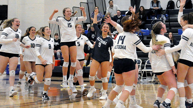 Penn State Altoona's women's volleyball team celebrates a recent victory