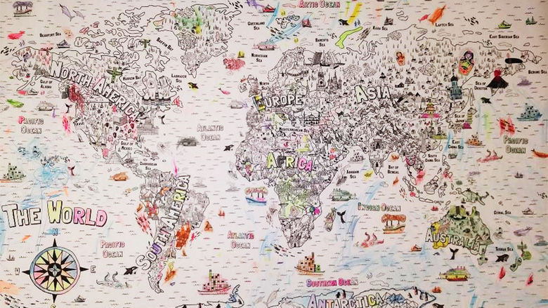 An illustrated drawing of a map of the world
