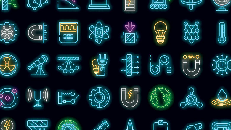 Neon icons representing STEM (science, technology, engineering, and mathematics) fields