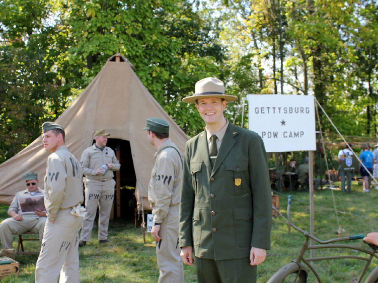 Jared Frederick at Gettysburg dressed as a 1940s park ranger