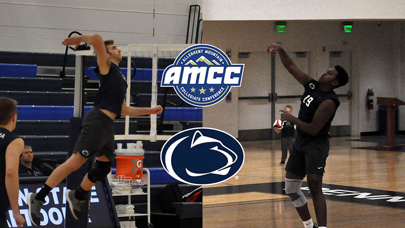 Senior Frank Perehinec (left) and sophomore Abel Gebre (right) competing for the men's volleyball team in early spring 2020.