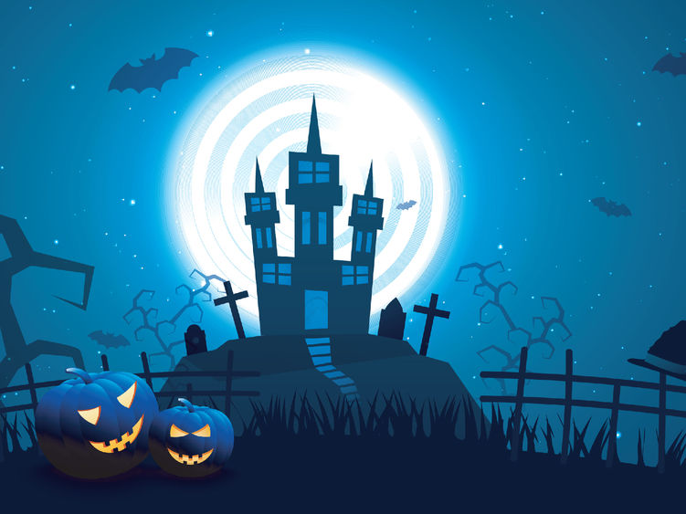 Vector graphic of a spooky castle with jack-o-lanterns in the foreground