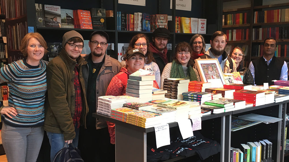 Students and faculty in a bookstore