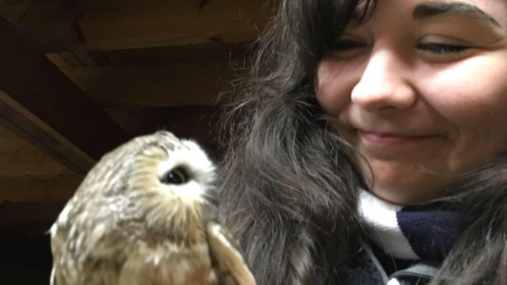 Bernadette Armstrong with a saw whet owl