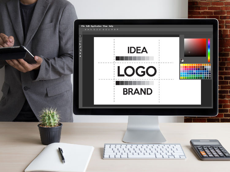 A computer screen showing the words idea, logo, and brand