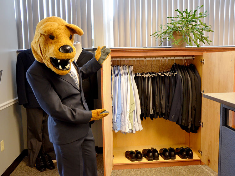 The Nittany Lion shows off the Penn State Altoona Career Closet