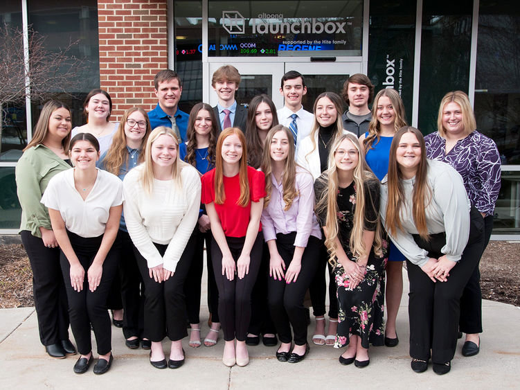 A group of Claysburg-Kimmel high school students poses outside the Sheetz Center for Entrepreneurial Excellence