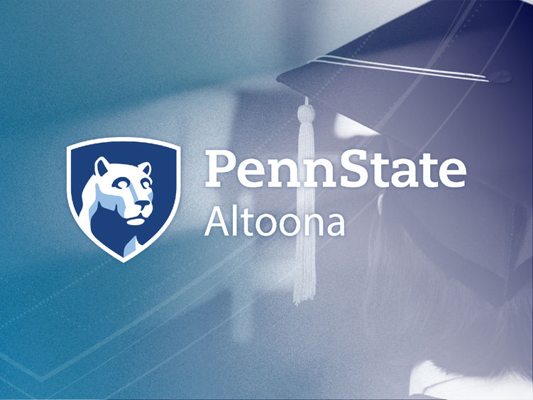 The Penn State Altoona mark with a rear view of a graduation cap in the background
