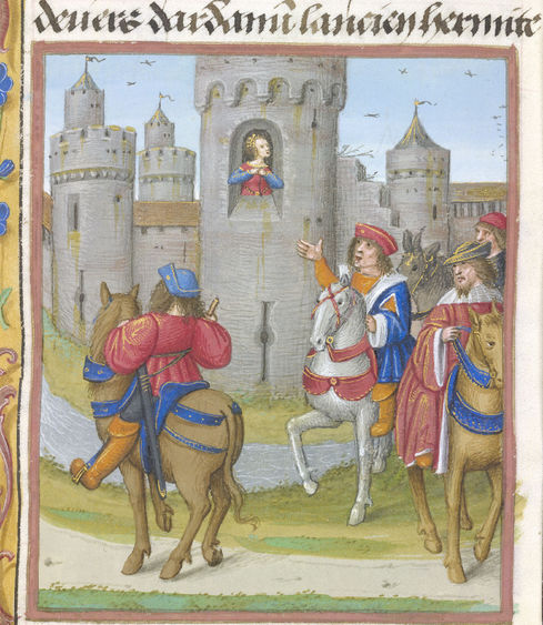 An illustration featuring four knights on horseback reaching a castle, where a woman appears in a tower window, from Perceforest.