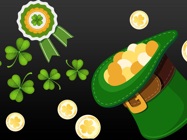 Shamrocks, a green ribbon, and a green top hat filled with gold coins