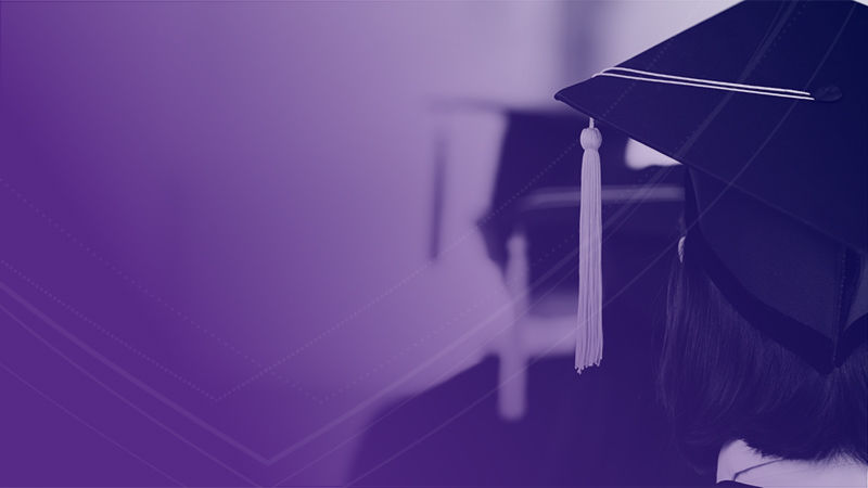 Graduation cap with purple gradient and community shield