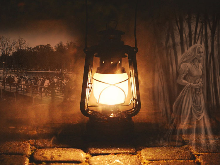A haunted looking collage featuring a lantern, a historic photo of Ivyside Park, and the White Lady of Wopsy