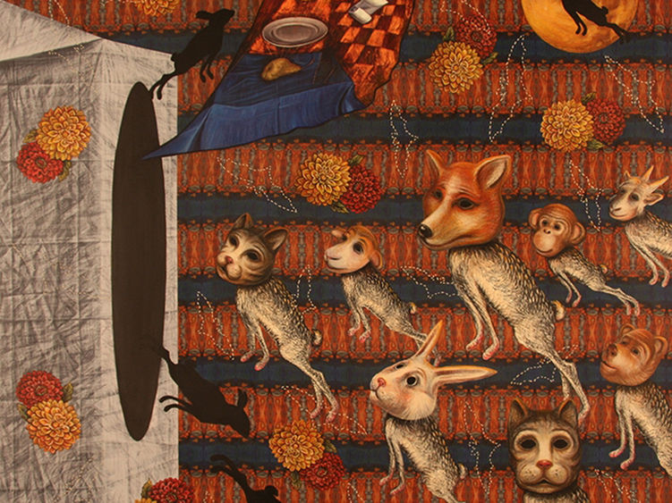 Halloween-inspired artwork featuring animals with identical bodies but different heads