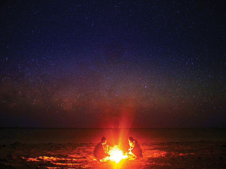 Two individuals sitting around a campfire beneath a star-mottled sky