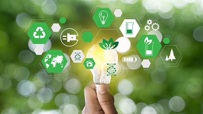 A photo of a hand holding a lightbulb with graphics overlaid that represent sustainability