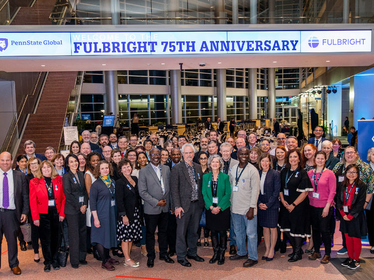 Penn State Altoona Fulbright scholars pose for a photo at a celebration of the program's 75th anniversary