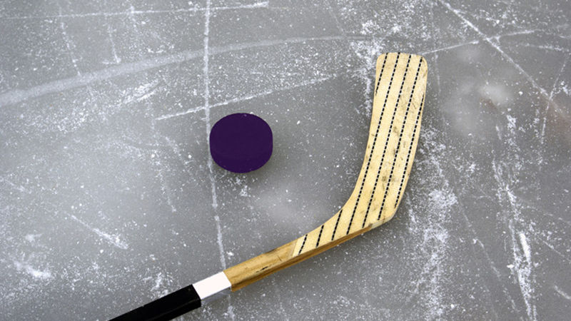 A hockey stick and a purple puck on the ice