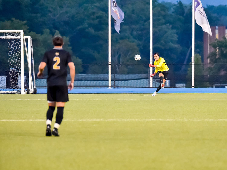 Penn State Altoona student-athlete Sasha Mohoruk plays goalie in a soccer match