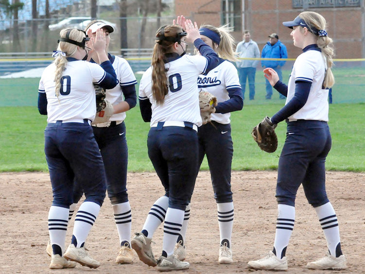 Penn State Altoona softball players huddle on the field