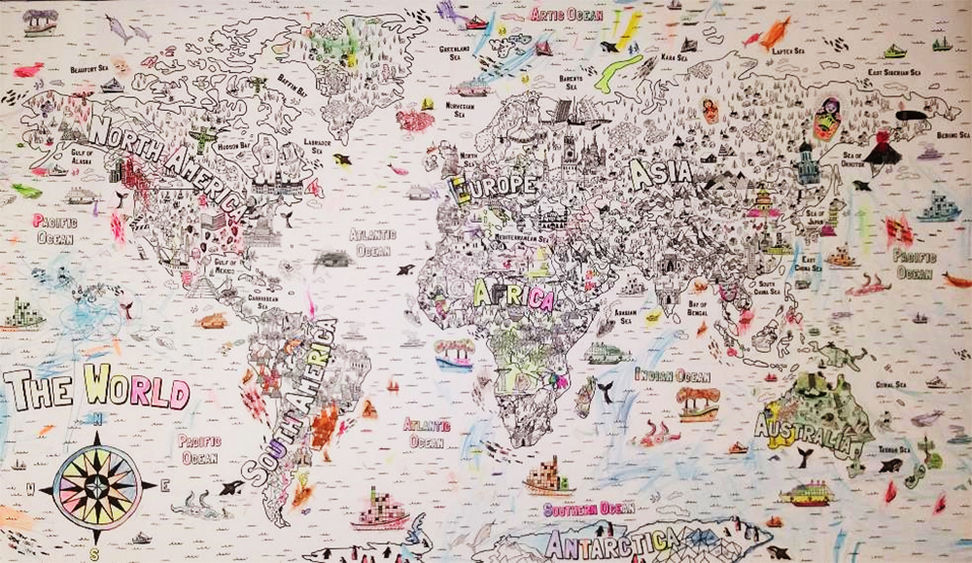 An illustrated drawing of a map of the world