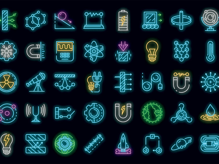 Neon icons representing STEM (science, technology, engineering, and mathematics) fields